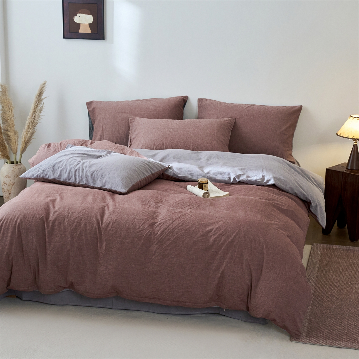 91家纺网 家纺一手货源 找家纺 兰紫橙家纺 2026新款A类色织纯色全棉水洗棉四件套 全棉水洗棉-暗红+浅灰