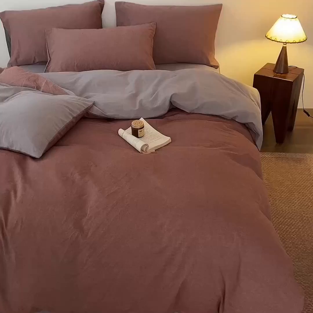 91家纺网 家纺一手货源 找家纺 兰紫橙家纺 2026新款A类色织纯色全棉水洗棉四件套 全棉水洗棉-暗红+浅灰