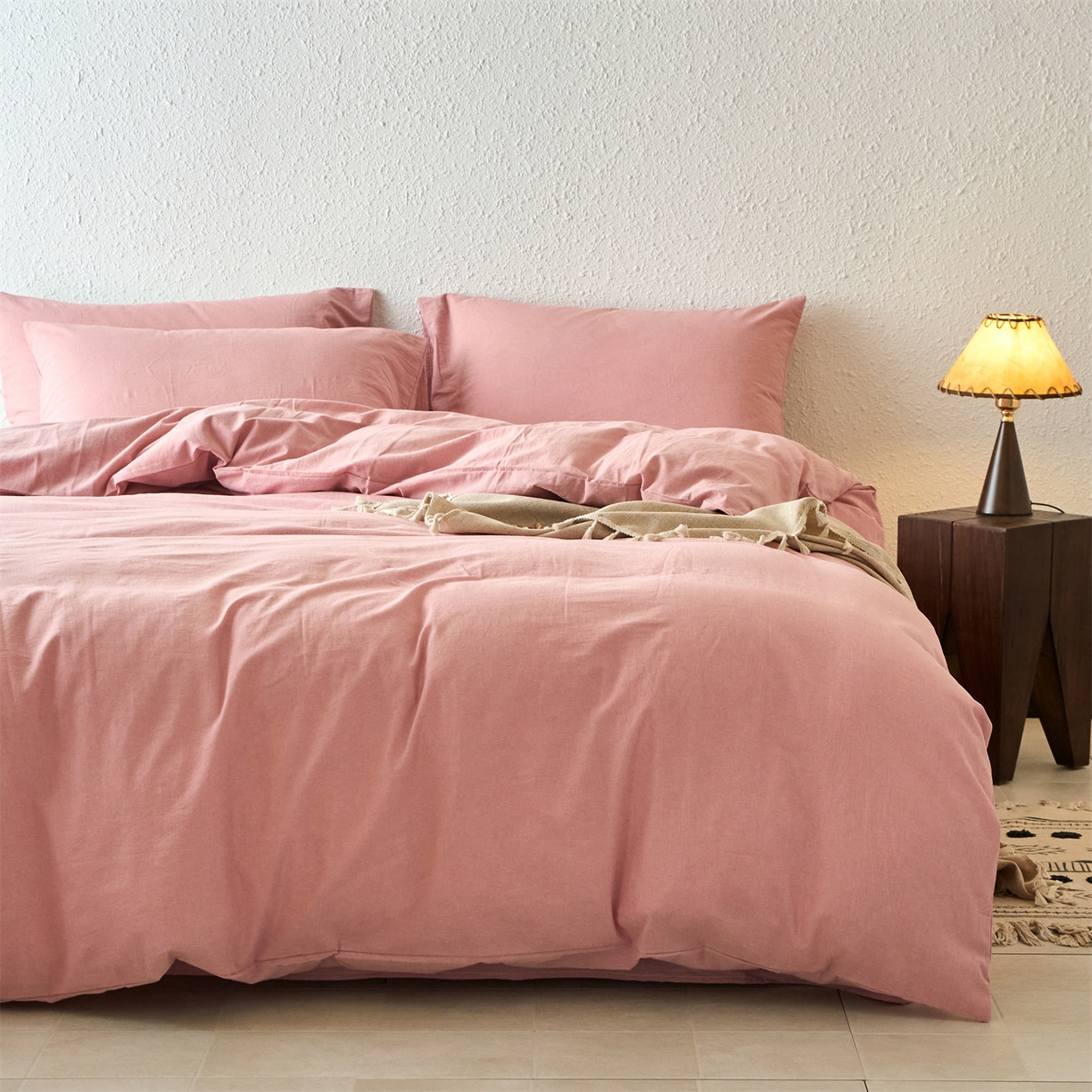 91家纺网 家纺一手货源 找家纺 兰紫橙家纺 2026新款A类色织纯色全棉水洗棉四件套 全棉水洗棉-豆沙