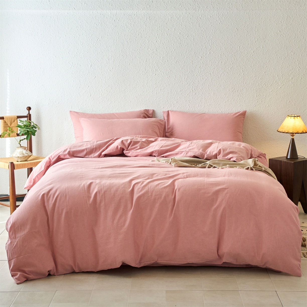 91家纺网 家纺一手货源 找家纺 兰紫橙家纺 2026新款A类色织纯色全棉水洗棉四件套 全棉水洗棉-豆沙