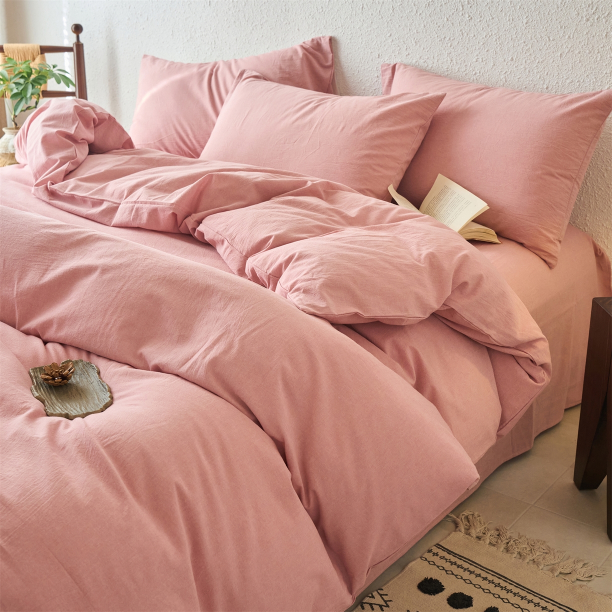 91家纺网 家纺一手货源 找家纺 兰紫橙家纺 2026新款A类色织纯色全棉水洗棉四件套 全棉水洗棉-豆沙