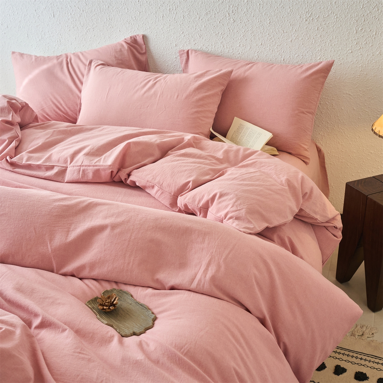 91家纺网 家纺一手货源 找家纺 兰紫橙家纺 2026新款A类色织纯色全棉水洗棉四件套 全棉水洗棉-豆沙