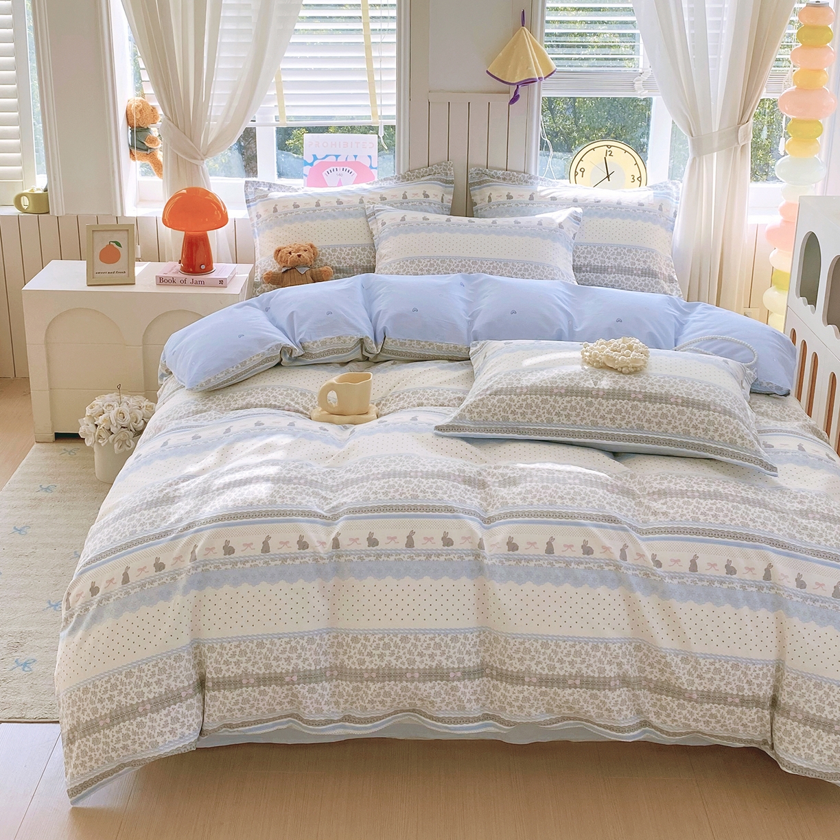 91家纺网 家纺一手货源 找家纺 金丝兔 2026新款ins新疆全棉印花小清新纯棉单被套（提供买家秀和质检报告） 海盐兔