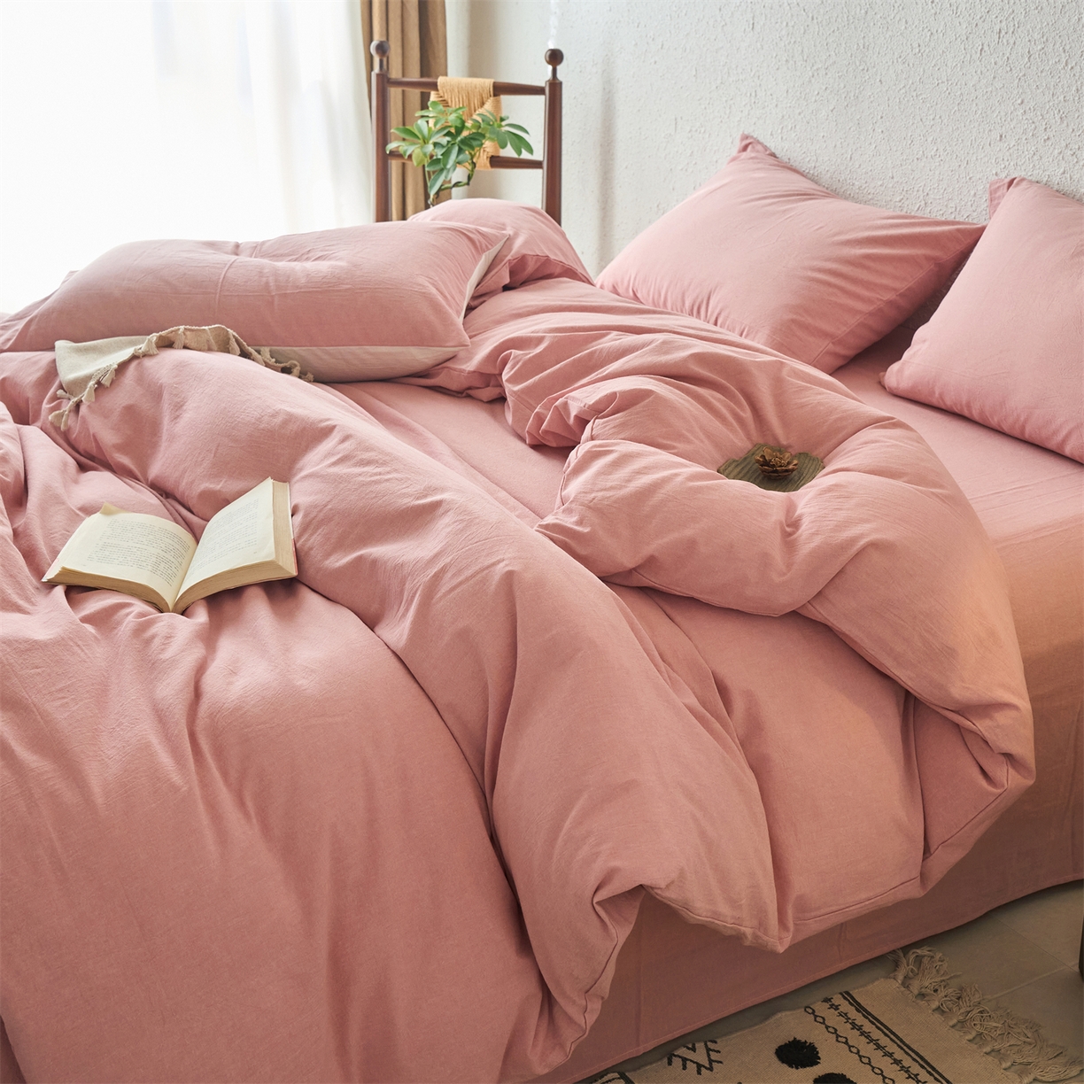 91家纺网 家纺一手货源 找家纺 兰紫橙家纺 2026新款A类色织纯色全棉水洗棉四件套 全棉水洗棉-豆沙