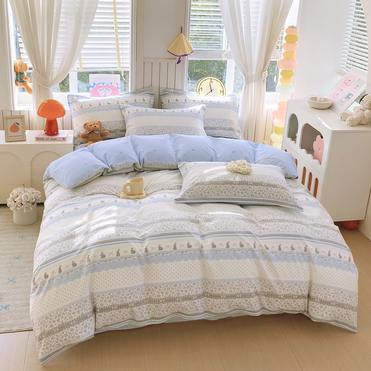 91家纺网 家纺一手货源 找家纺 金丝兔 2026新款ins新疆全棉印花小清新纯棉单被套（提供买家秀和质检报告） 海盐兔