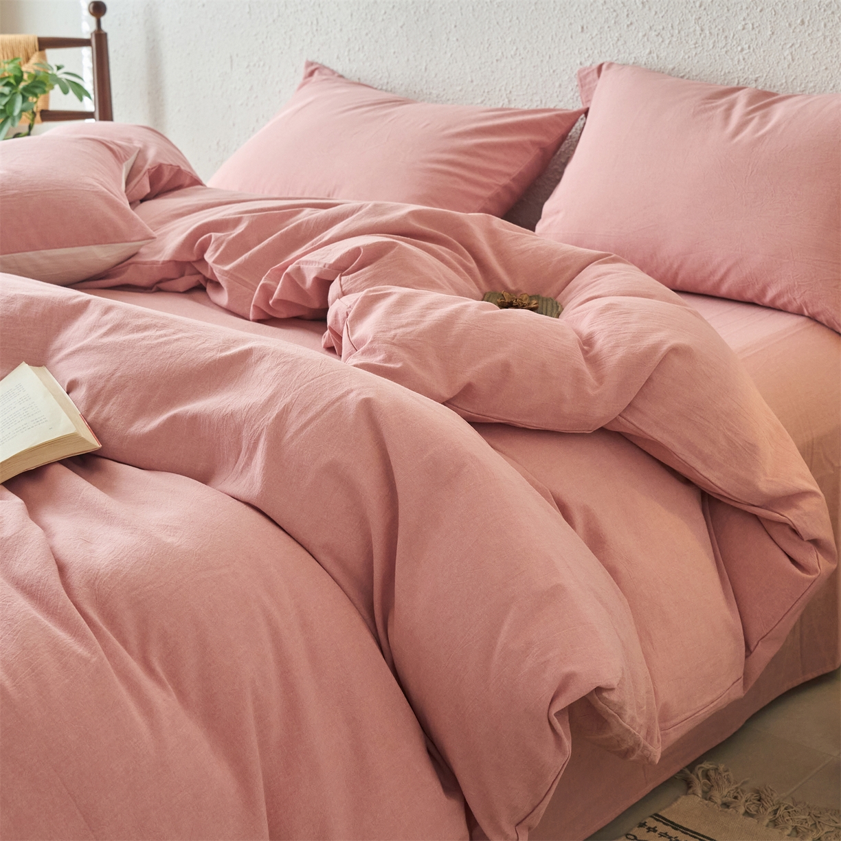 91家纺网 家纺一手货源 找家纺 兰紫橙家纺 2026新款A类色织纯色全棉水洗棉四件套 全棉水洗棉-豆沙