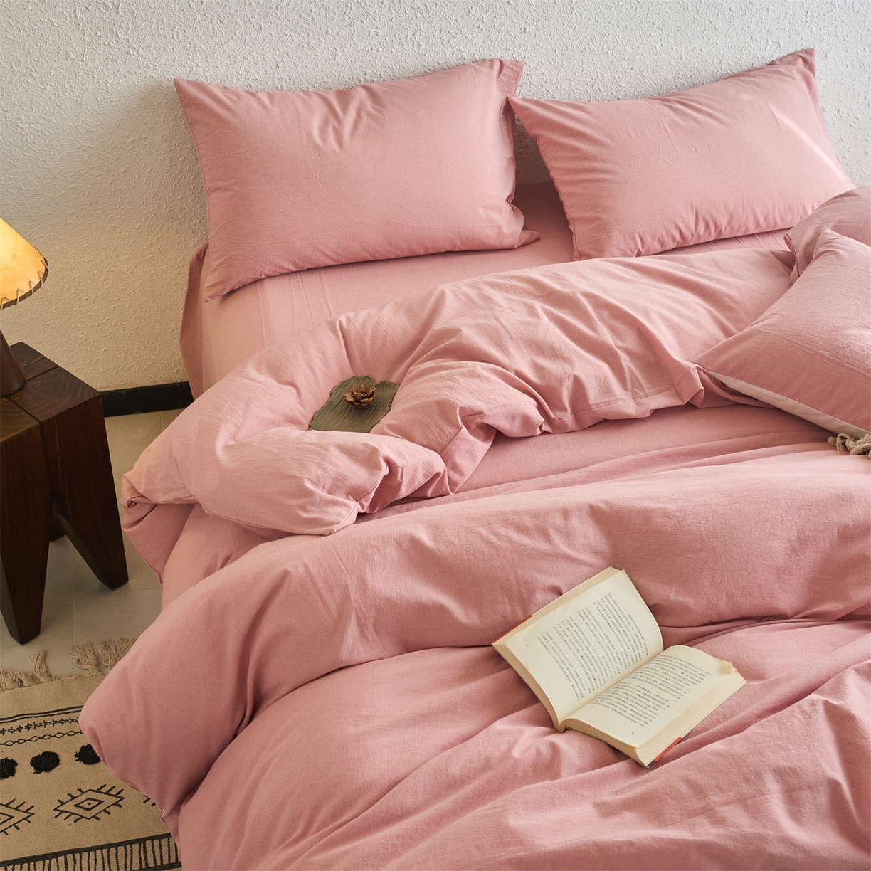 91家纺网 家纺一手货源 找家纺 兰紫橙家纺 2026新款A类色织纯色全棉水洗棉四件套 全棉水洗棉-豆沙