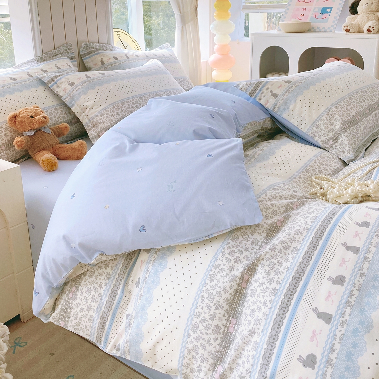 91家纺网 家纺一手货源 找家纺 金丝兔 2026新款ins新疆全棉印花小清新纯棉单被套（提供买家秀和质检报告） 海盐兔