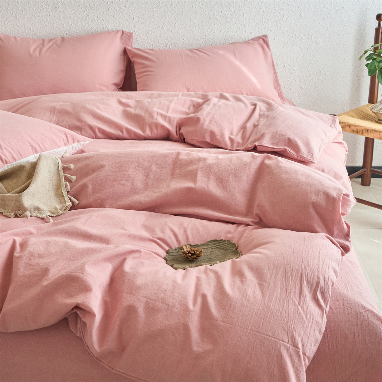 91家纺网 家纺一手货源 找家纺 兰紫橙家纺 2026新款A类色织纯色全棉水洗棉四件套 全棉水洗棉-豆沙