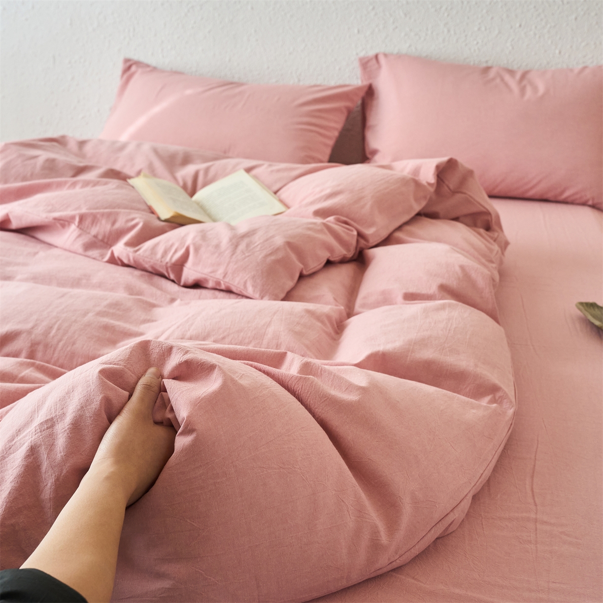 91家纺网 家纺一手货源 找家纺 兰紫橙家纺 2026新款A类色织纯色全棉水洗棉四件套 全棉水洗棉-豆沙