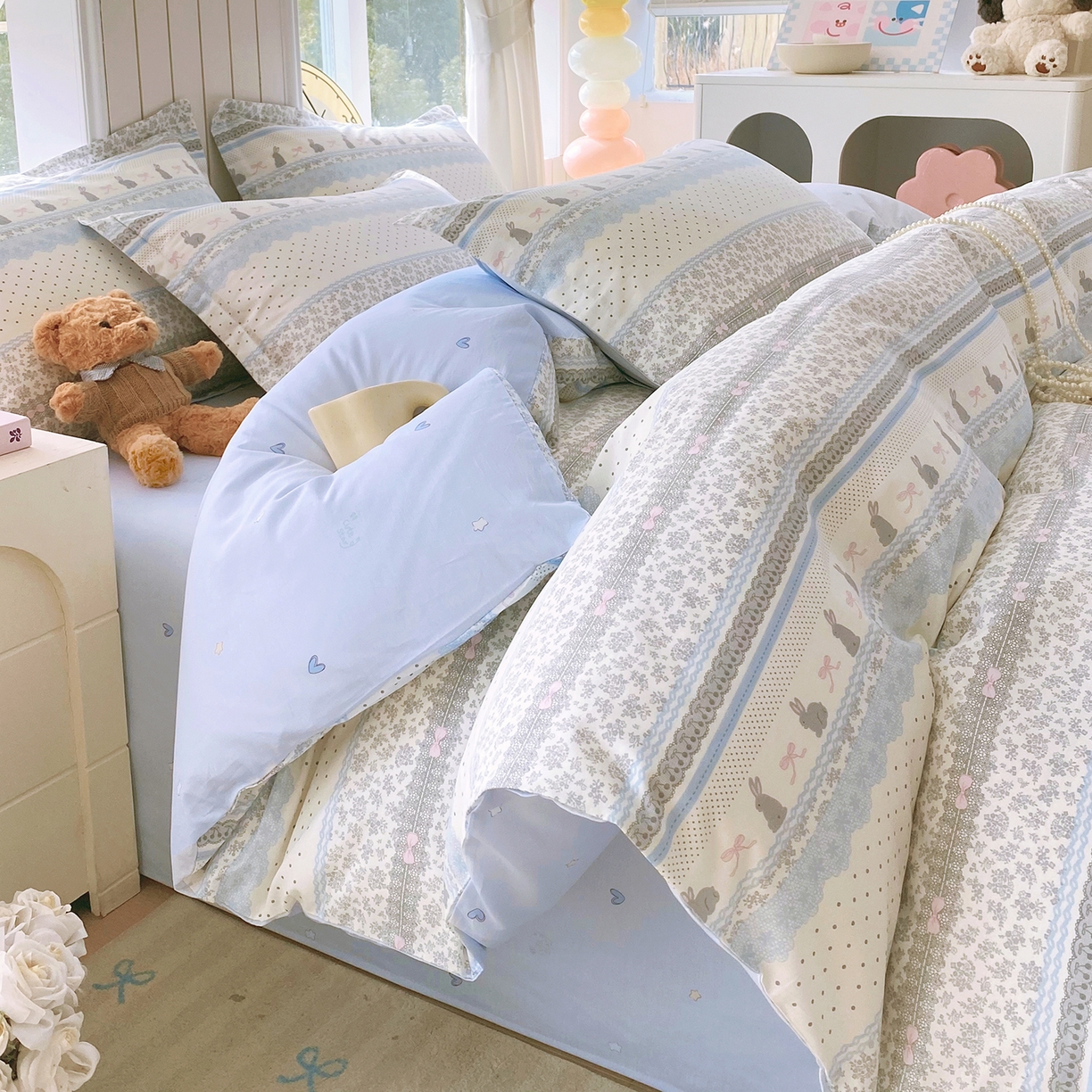 91家纺网 家纺一手货源 找家纺 金丝兔 2026新款ins新疆全棉印花小清新纯棉单被套（提供买家秀和质检报告） 海盐兔