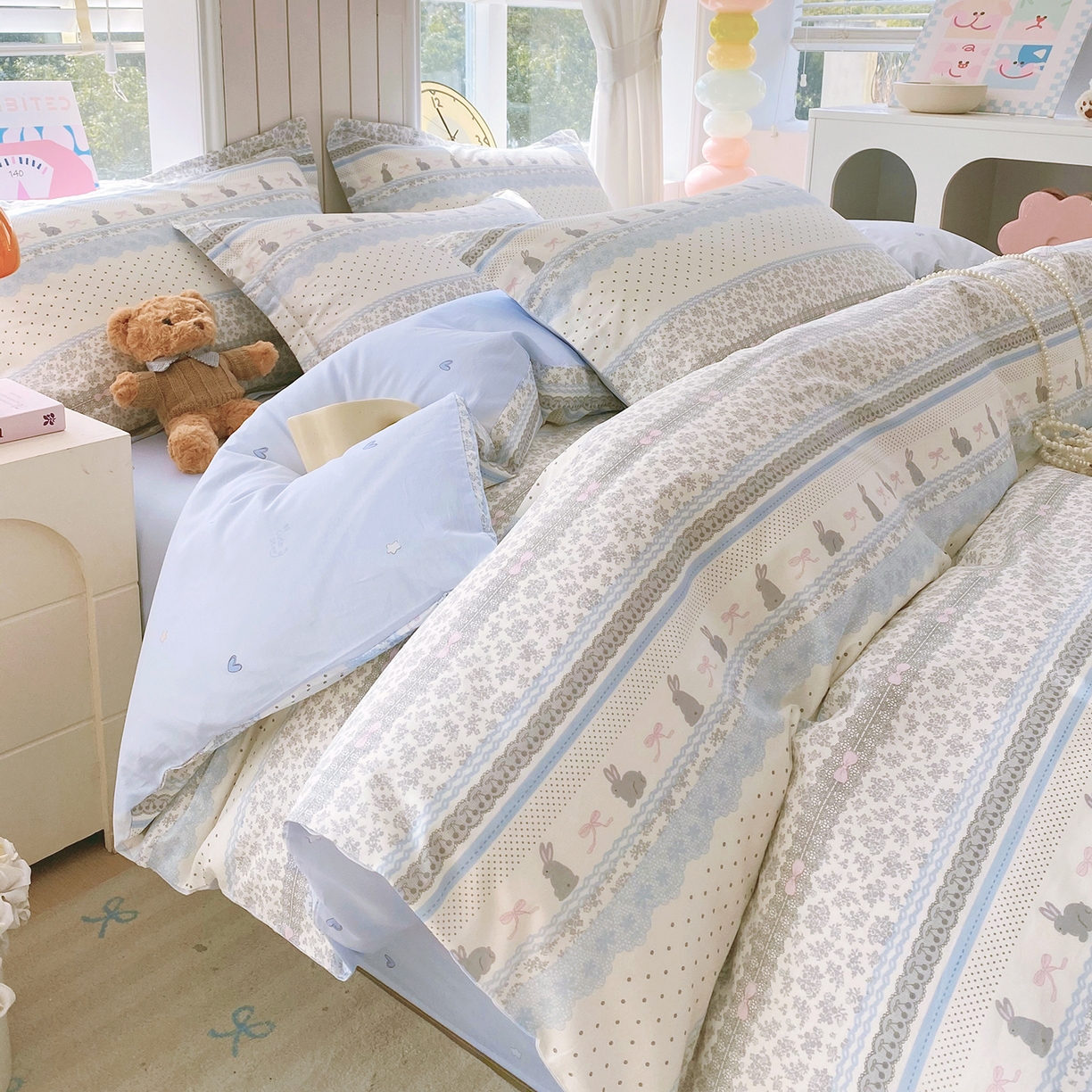 91家纺网 家纺一手货源 找家纺 金丝兔 2026新款ins新疆全棉印花小清新纯棉单被套（提供买家秀和质检报告） 海盐兔