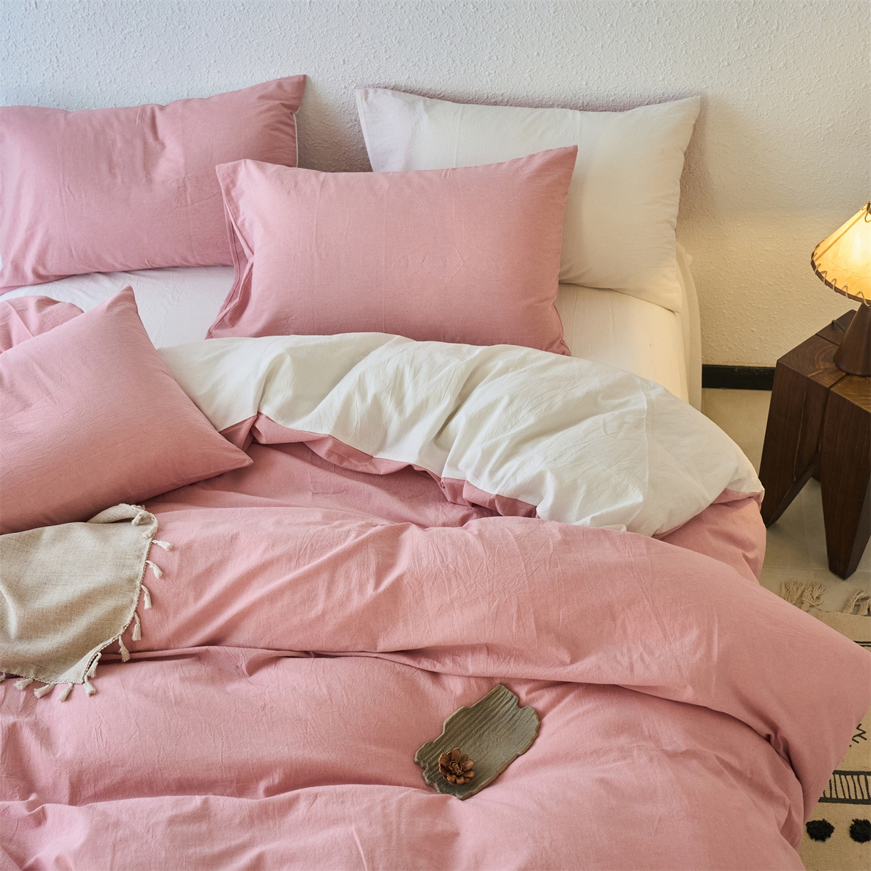 兰紫橙家纺 2026新款A类色织纯色全棉水洗棉四件套 全棉水洗棉-豆沙+奶白