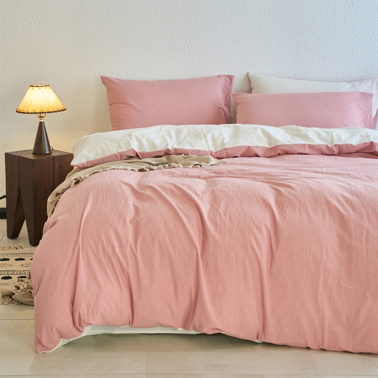 91家纺网 家纺一手货源 找家纺 兰紫橙家纺 2026新款A类色织纯色全棉水洗棉四件套 全棉水洗棉-豆沙+奶白