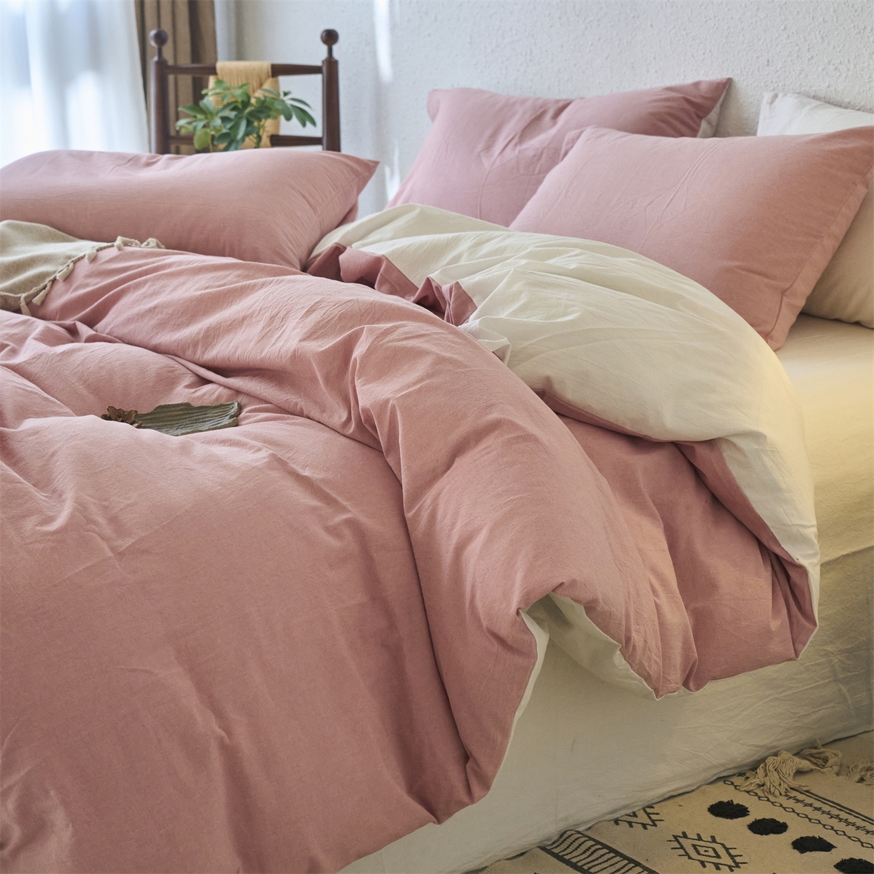 91家纺网 家纺一手货源 找家纺 兰紫橙家纺 2026新款A类色织纯色全棉水洗棉四件套 全棉水洗棉-豆沙+奶白