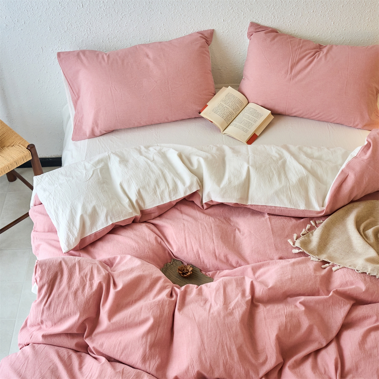 91家纺网 家纺一手货源 找家纺 兰紫橙家纺 2026新款A类色织纯色全棉水洗棉四件套 全棉水洗棉-豆沙+奶白