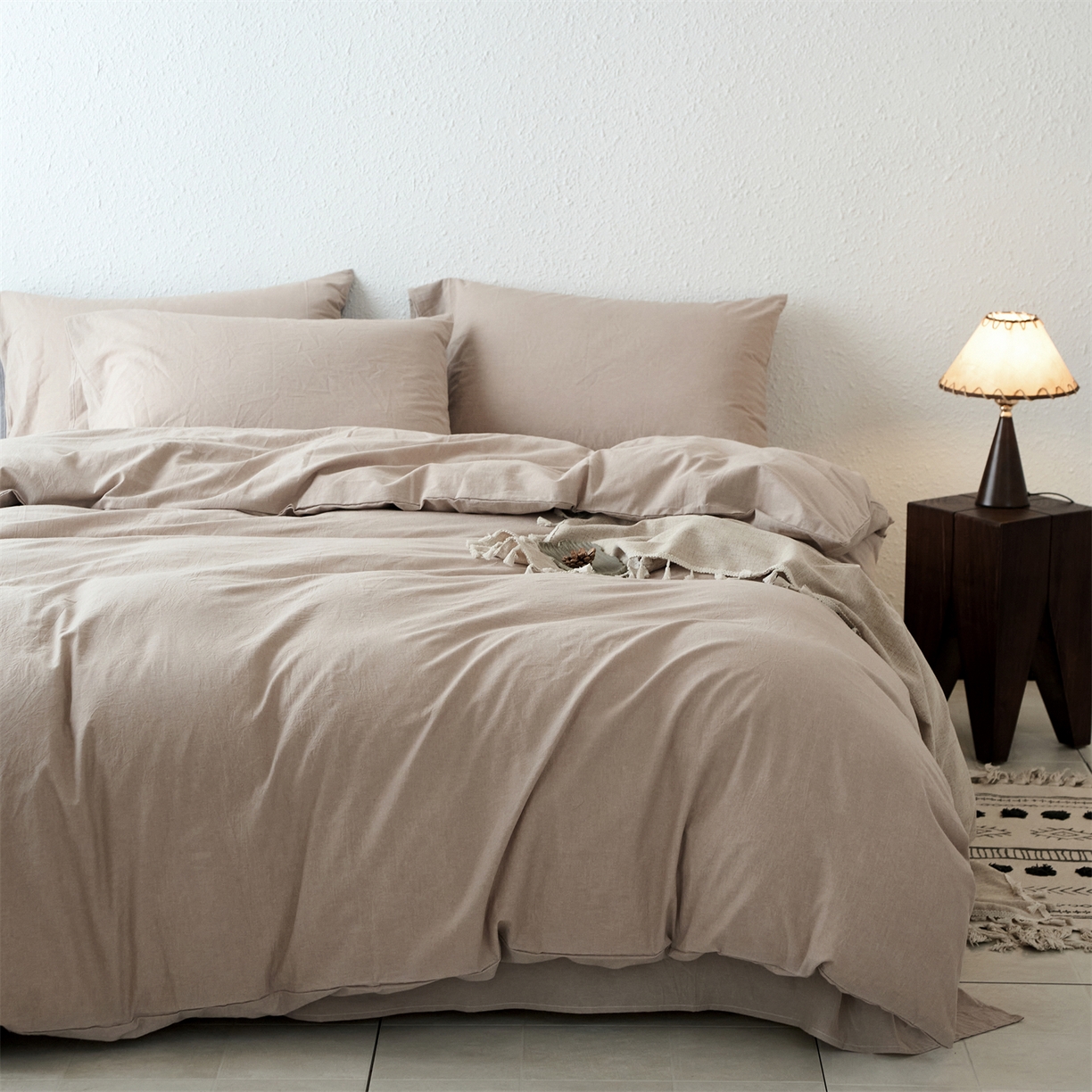 91家纺网 家纺一手货源 找家纺 兰紫橙家纺 2026新款A类色织纯色全棉水洗棉四件套 全棉水洗棉-卡其