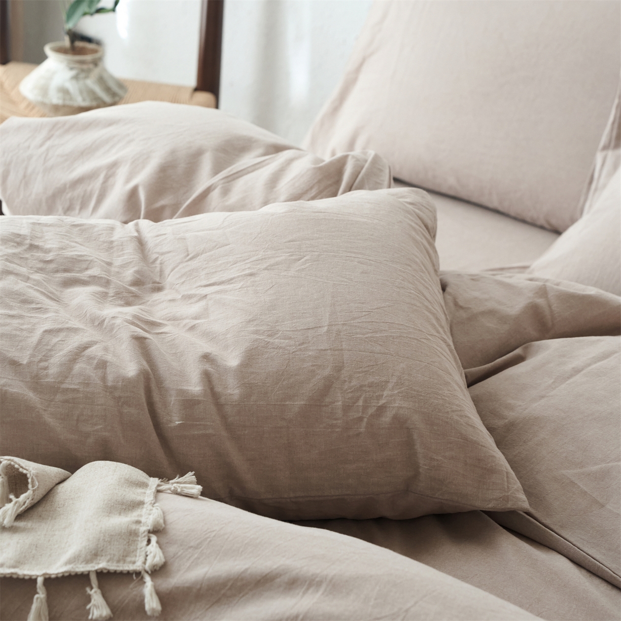 91家纺网 家纺一手货源 找家纺 兰紫橙家纺 2026新款A类色织纯色全棉水洗棉四件套 全棉水洗棉-卡其