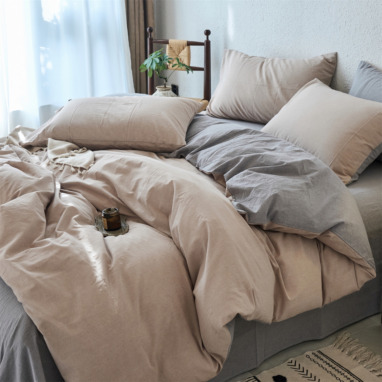 91家纺网 家纺一手货源 找家纺 兰紫橙家纺 2026新款A类色织纯色全棉水洗棉四件套 全棉水洗棉-卡其+浅灰