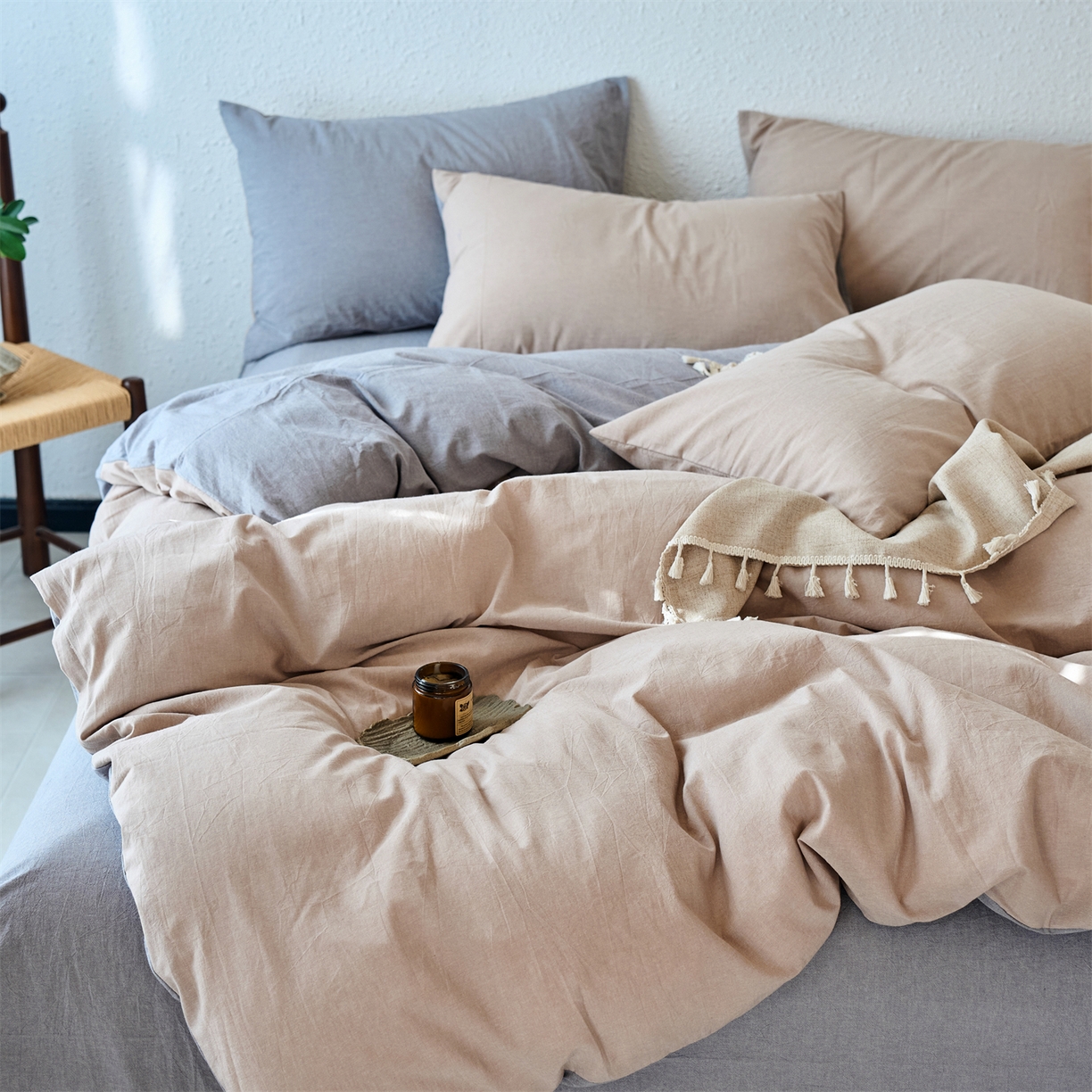 91家纺网 家纺一手货源 找家纺 兰紫橙家纺 2026新款A类色织纯色全棉水洗棉四件套 全棉水洗棉-卡其+浅灰