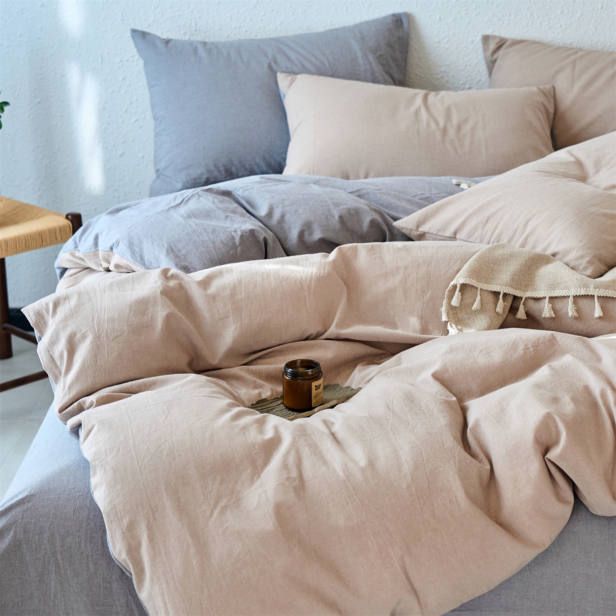 91家纺网 家纺一手货源 找家纺 兰紫橙家纺 2026新款A类色织纯色全棉水洗棉四件套 全棉水洗棉-卡其+浅灰