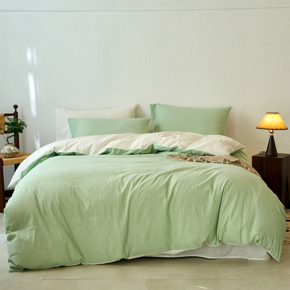 91家纺网 家纺一手货源 找家纺 兰紫橙家纺 2026新款A类色织纯色全棉水洗棉四件套 全棉水洗棉-抹茶绿+奶白