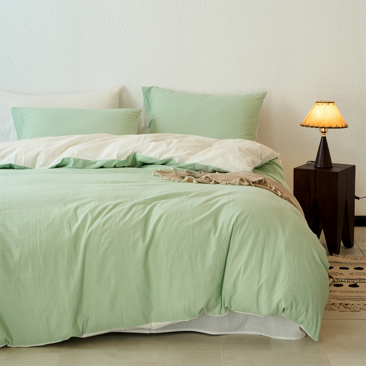 91家纺网 家纺一手货源 找家纺 兰紫橙家纺 2026新款A类色织纯色全棉水洗棉四件套 全棉水洗棉-抹茶绿+奶白