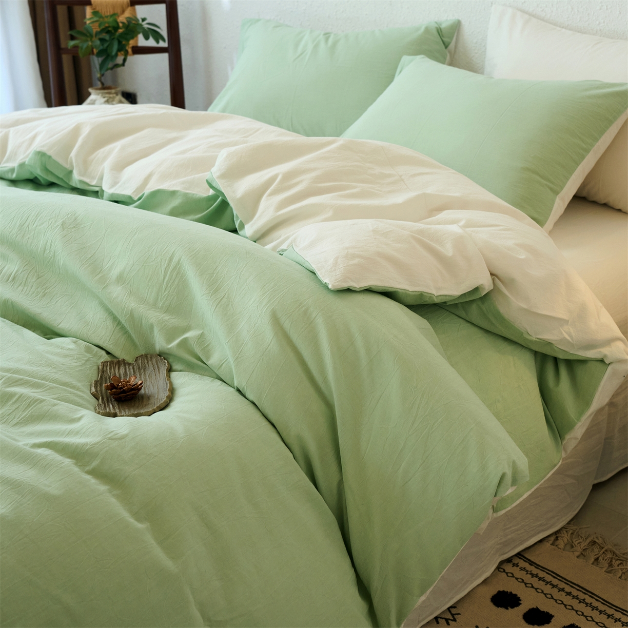 91家纺网 家纺一手货源 找家纺 兰紫橙家纺 2026新款A类色织纯色全棉水洗棉四件套 全棉水洗棉-抹茶绿+奶白