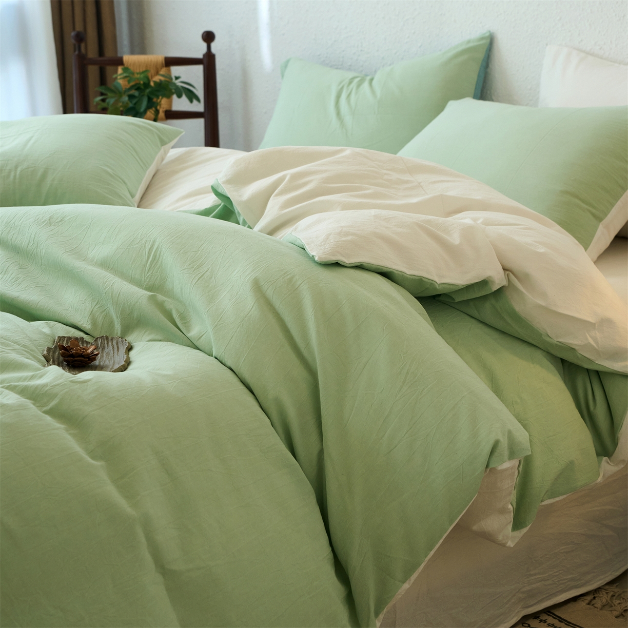 91家纺网 家纺一手货源 找家纺 兰紫橙家纺 2026新款A类色织纯色全棉水洗棉四件套 全棉水洗棉-抹茶绿+奶白