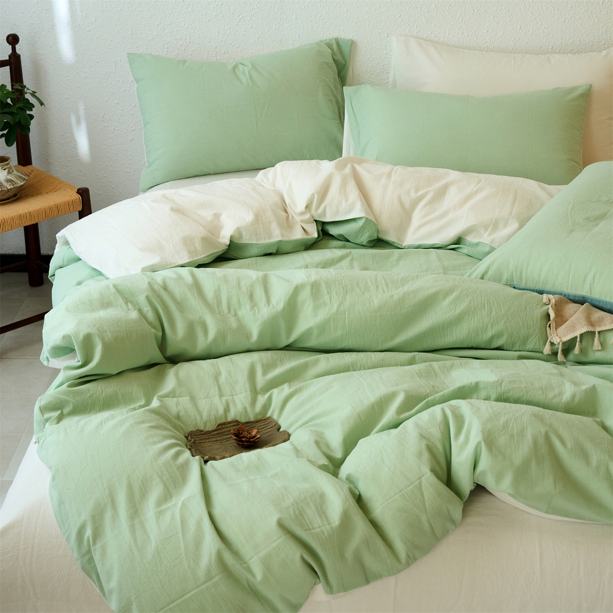 91家纺网 家纺一手货源 找家纺 兰紫橙家纺 2026新款A类色织纯色全棉水洗棉四件套 全棉水洗棉-抹茶绿+奶白