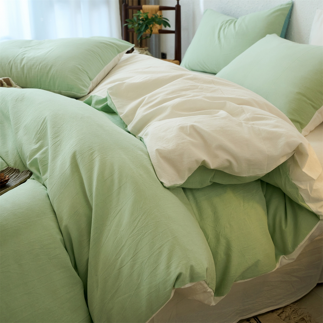 91家纺网 家纺一手货源 找家纺 兰紫橙家纺 2026新款A类色织纯色全棉水洗棉四件套 全棉水洗棉-抹茶绿+奶白