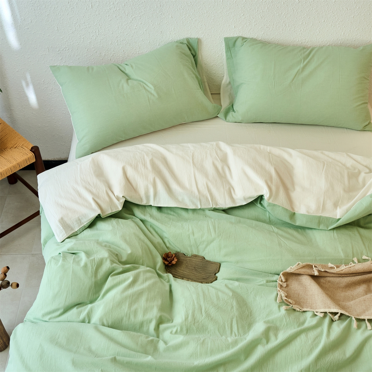 91家纺网 家纺一手货源 找家纺 兰紫橙家纺 2026新款A类色织纯色全棉水洗棉四件套 全棉水洗棉-抹茶绿+奶白