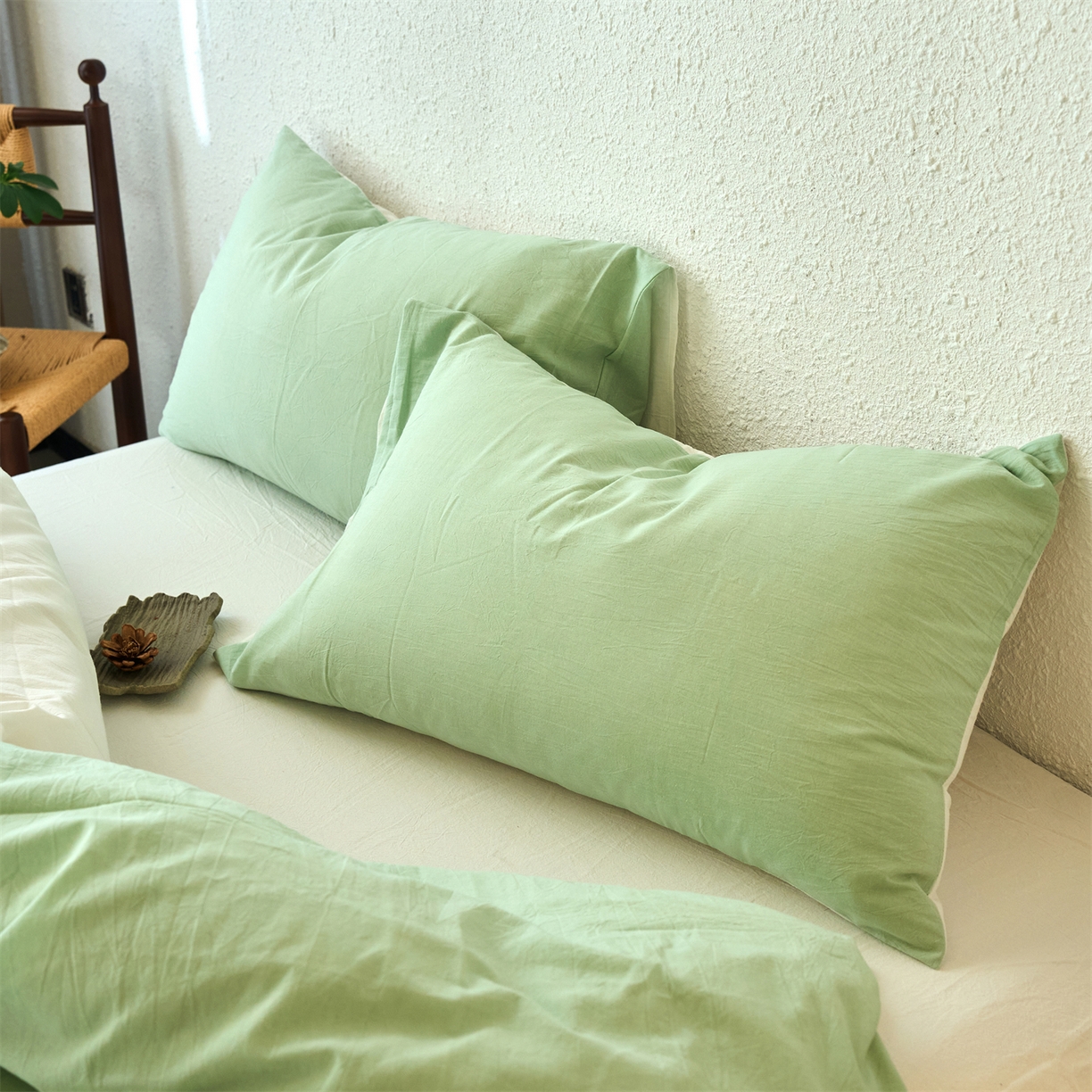 91家纺网 家纺一手货源 找家纺 兰紫橙家纺 2026新款A类色织纯色全棉水洗棉四件套 全棉水洗棉-抹茶绿+奶白