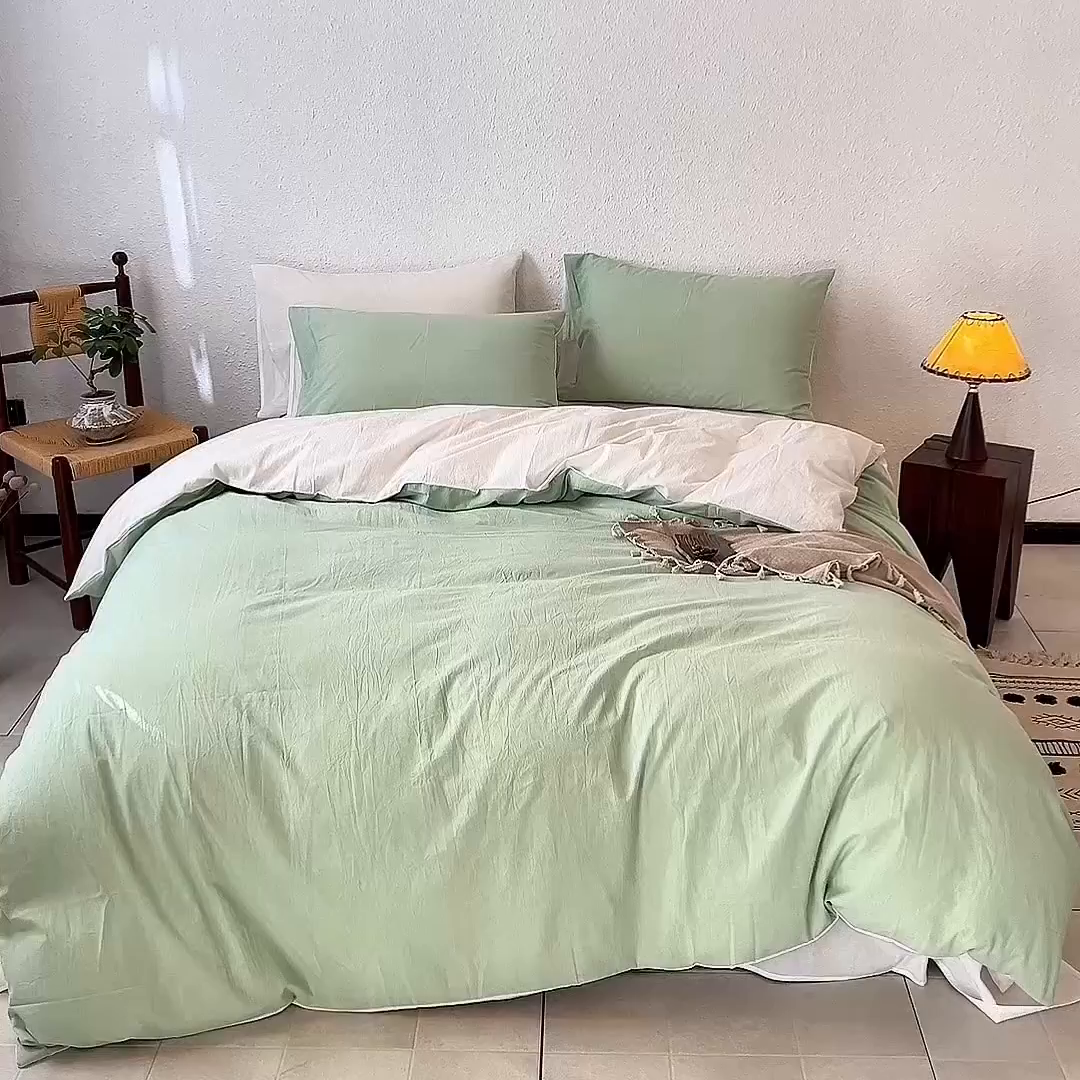 91家纺网 家纺一手货源 找家纺 兰紫橙家纺 2026新款A类色织纯色全棉水洗棉四件套 全棉水洗棉-抹茶绿+奶白