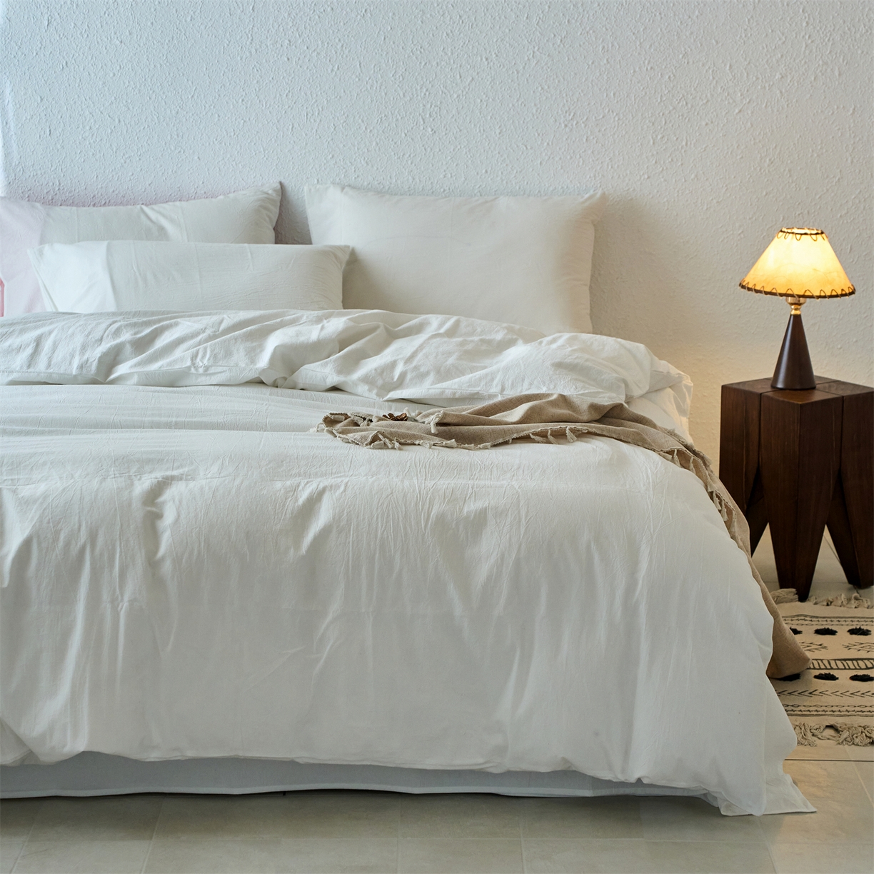 91家纺网 家纺一手货源 找家纺 兰紫橙家纺 2026新款A类色织纯色全棉水洗棉四件套 全棉水洗棉-奶白