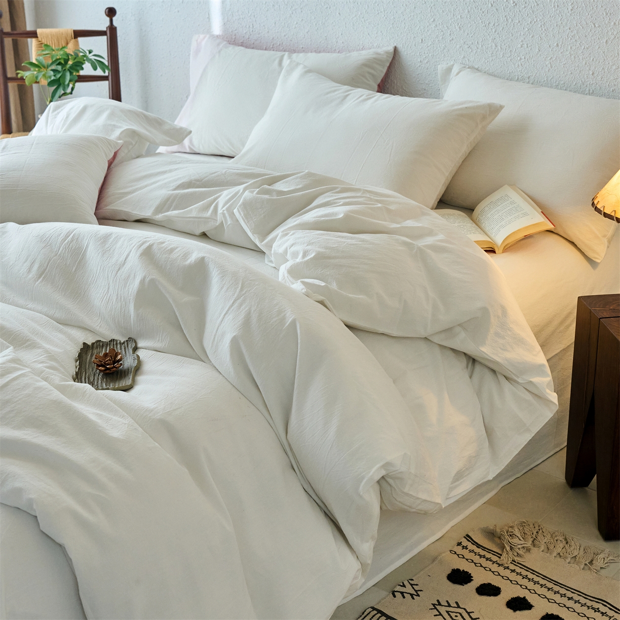 91家纺网 家纺一手货源 找家纺 兰紫橙家纺 2026新款A类色织纯色全棉水洗棉四件套 全棉水洗棉-奶白