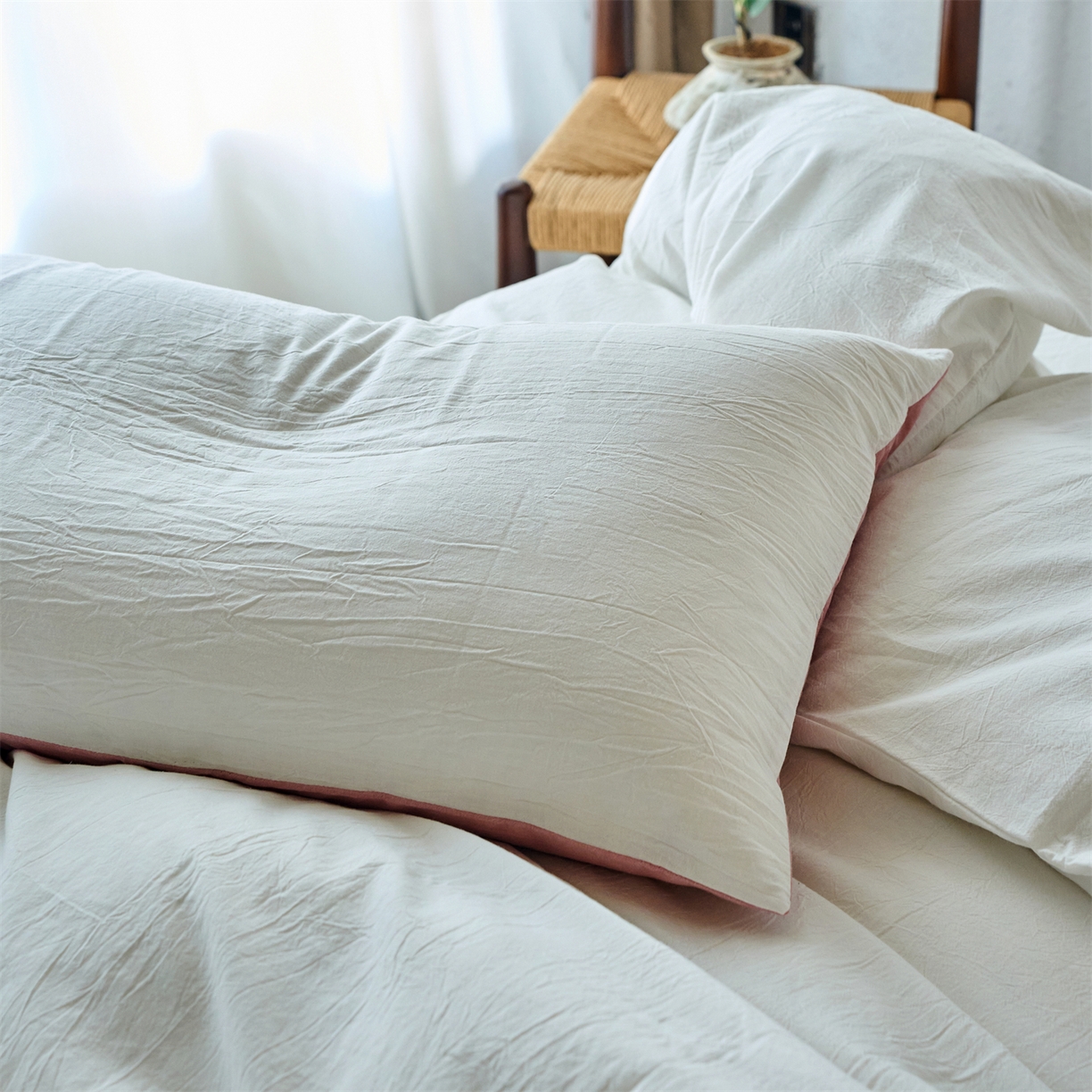 91家纺网 家纺一手货源 找家纺 兰紫橙家纺 2026新款A类色织纯色全棉水洗棉四件套 全棉水洗棉-奶白