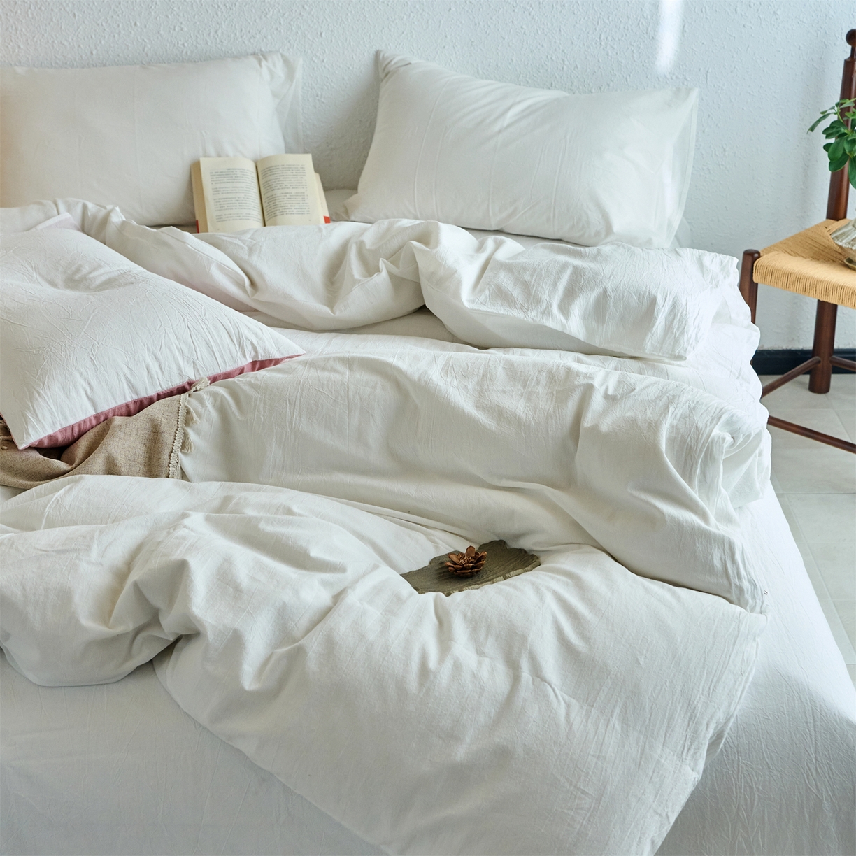 91家纺网 家纺一手货源 找家纺 兰紫橙家纺 2026新款A类色织纯色全棉水洗棉四件套 全棉水洗棉-奶白