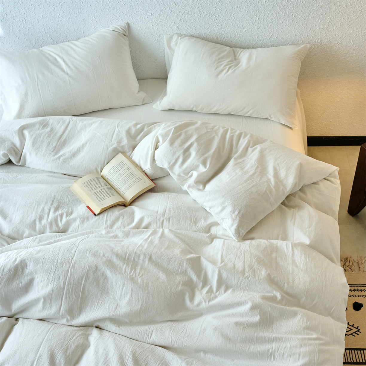 91家纺网 家纺一手货源 找家纺 兰紫橙家纺 2026新款A类色织纯色全棉水洗棉四件套 全棉水洗棉-奶白