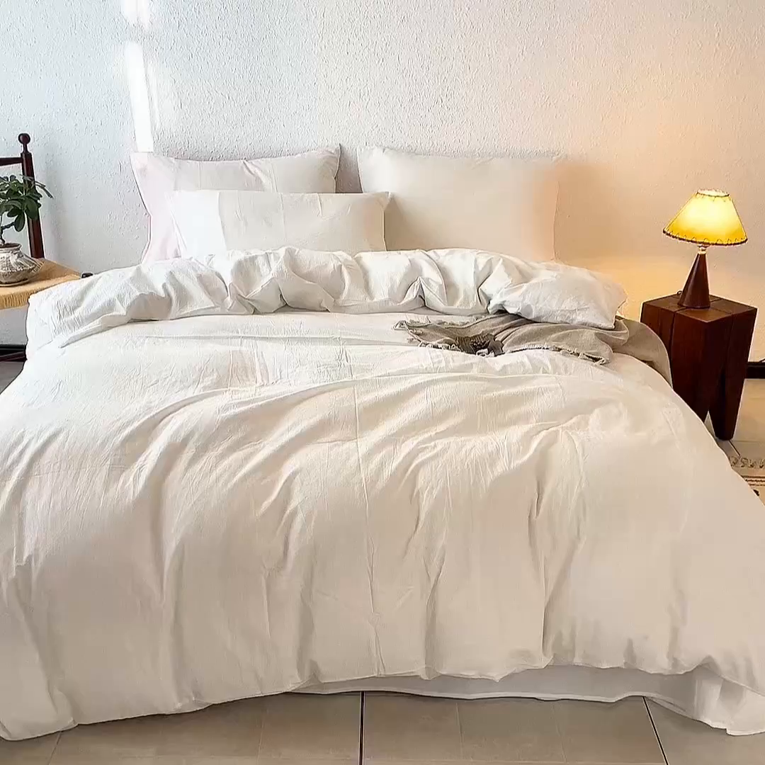 91家纺网 家纺一手货源 找家纺 兰紫橙家纺 2026新款A类色织纯色全棉水洗棉四件套 全棉水洗棉-奶白