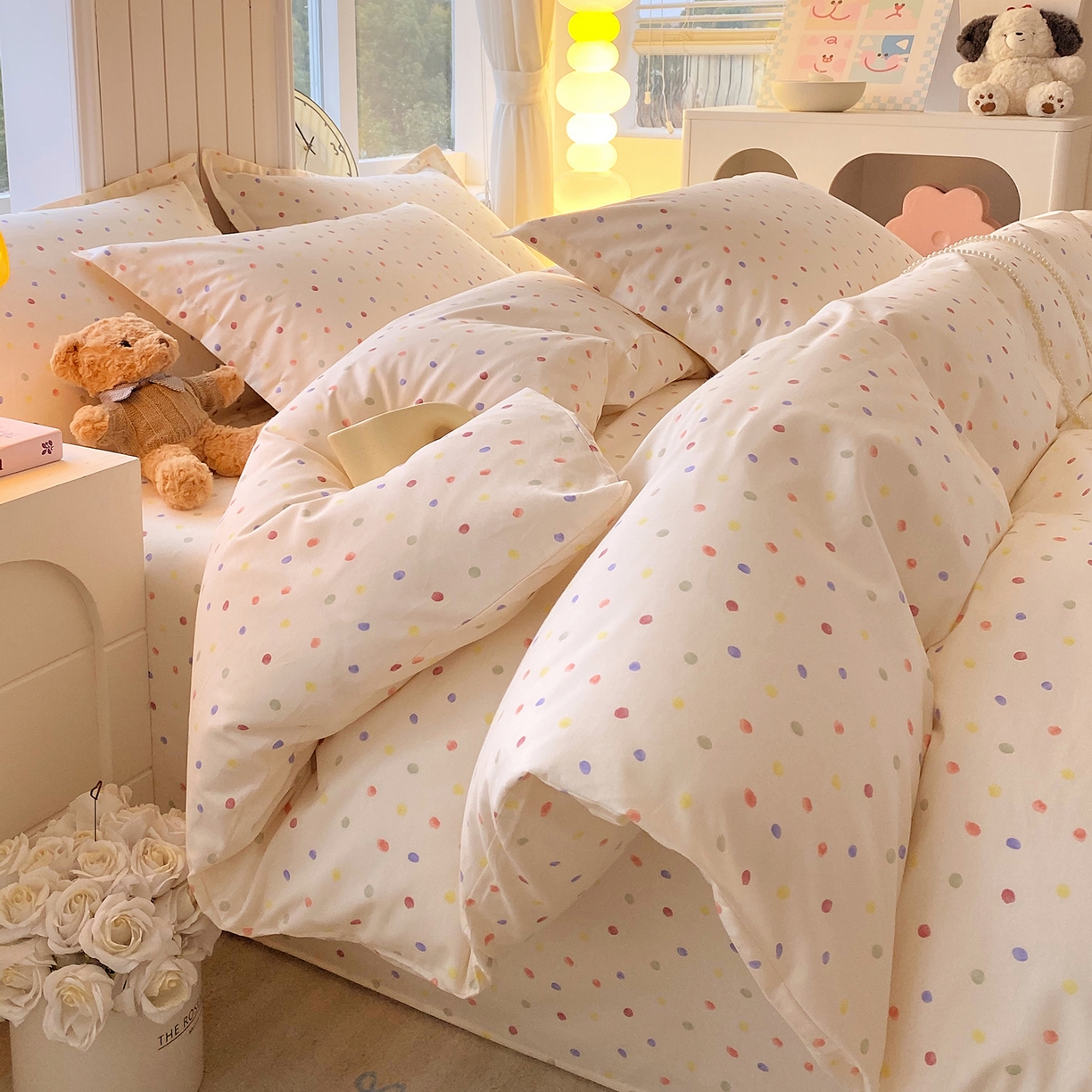 91家纺网 家纺一手货源 找家纺 金丝兔 2026新款ins新疆全棉印花小清新纯棉单被套（提供买家秀和质检报告） 奶油波点