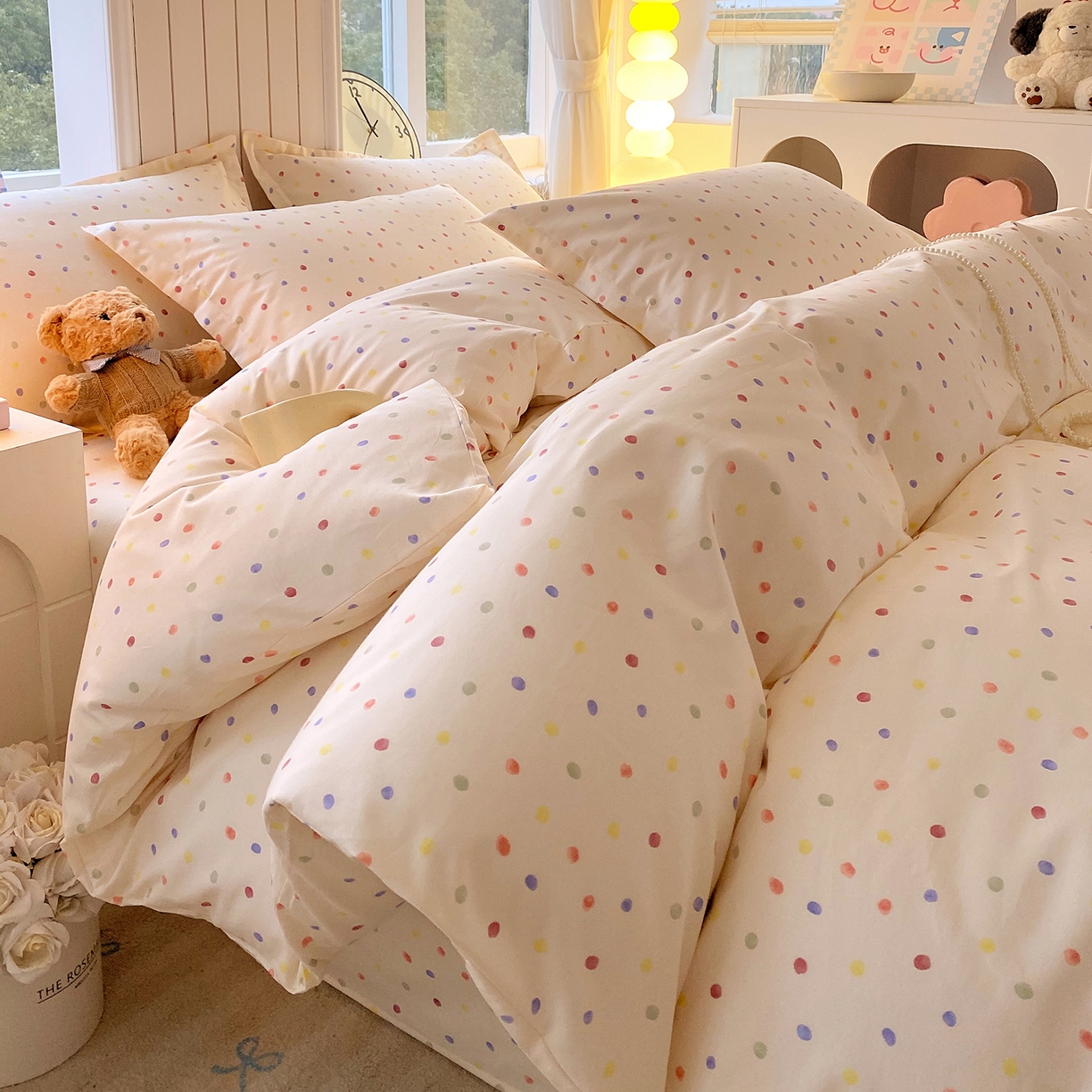 91家纺网 家纺一手货源 找家纺 金丝兔 2026新款ins新疆全棉印花小清新纯棉单被套（提供买家秀和质检报告） 奶油波点