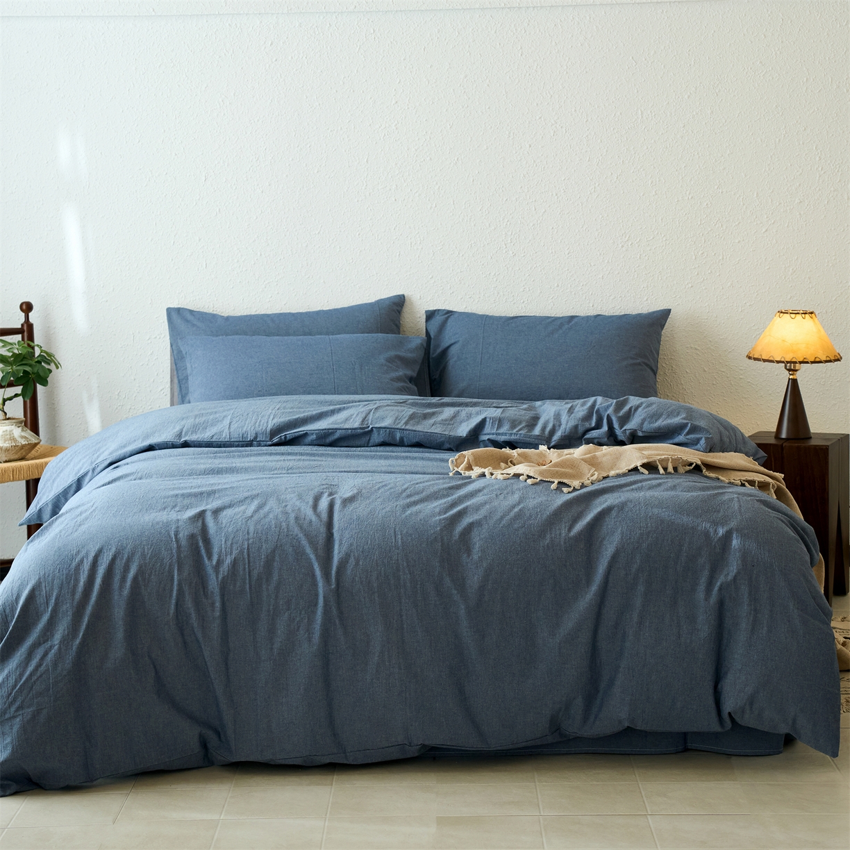 91家纺网 家纺一手货源 找家纺 兰紫橙家纺 2026新款A类色织纯色全棉水洗棉四件套 全棉水洗棉-牛仔蓝