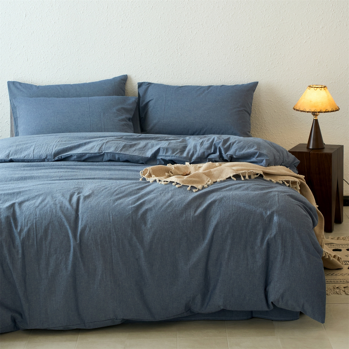 91家纺网 家纺一手货源 找家纺 兰紫橙家纺 2026新款A类色织纯色全棉水洗棉四件套 全棉水洗棉-牛仔蓝