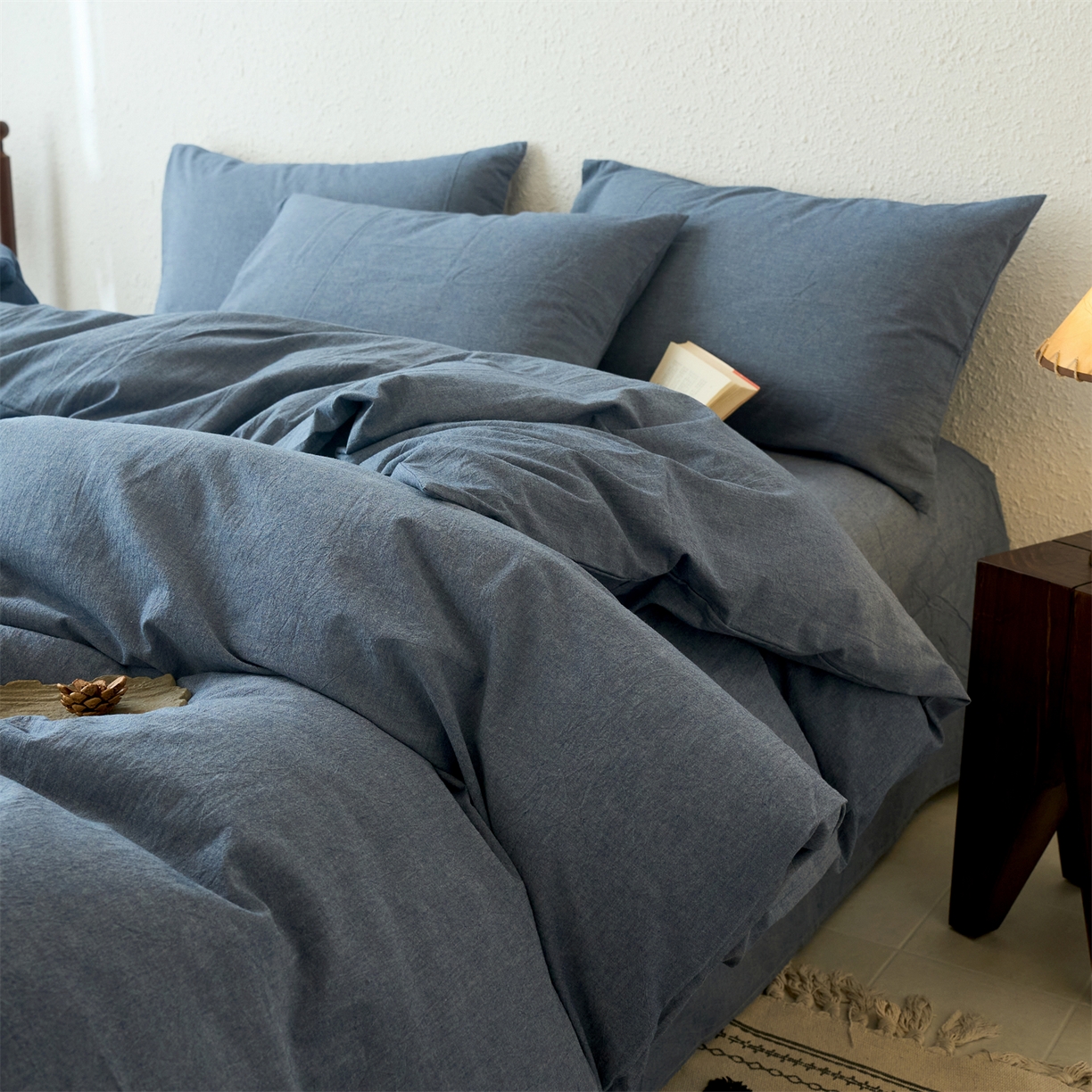 91家纺网 家纺一手货源 找家纺 兰紫橙家纺 2026新款A类色织纯色全棉水洗棉四件套 全棉水洗棉-牛仔蓝