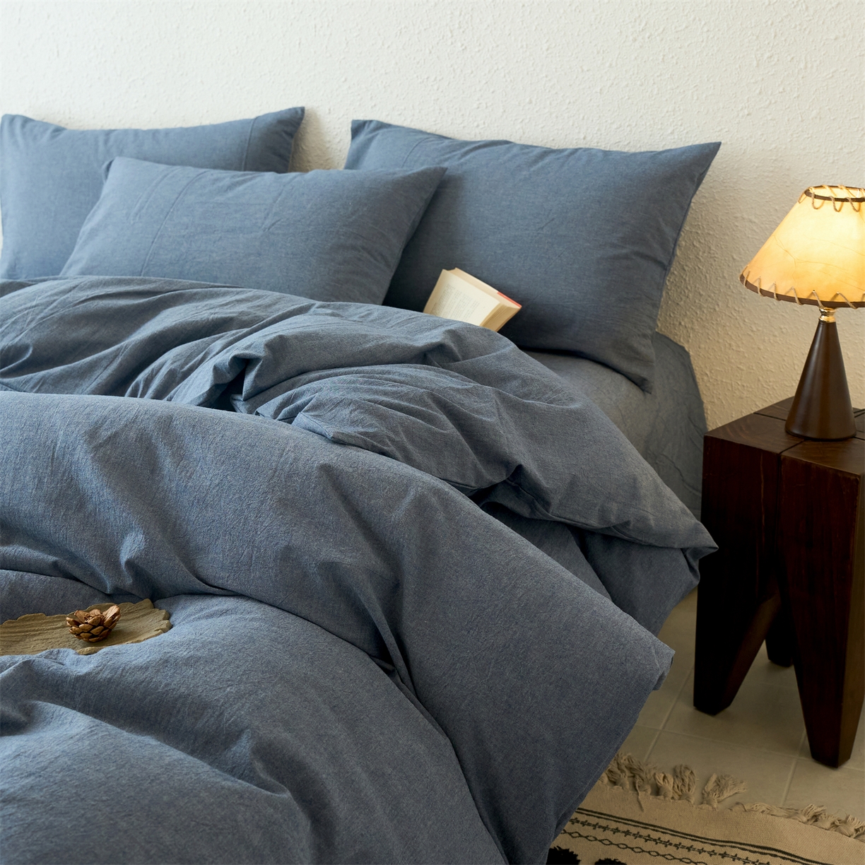 91家纺网 家纺一手货源 找家纺 兰紫橙家纺 2026新款A类色织纯色全棉水洗棉四件套 全棉水洗棉-牛仔蓝