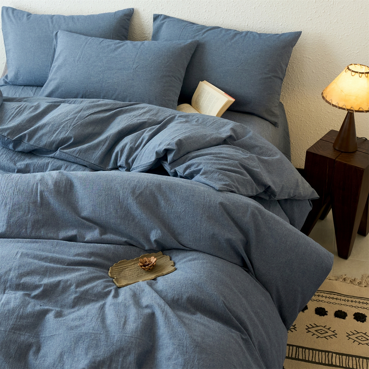 91家纺网 家纺一手货源 找家纺 兰紫橙家纺 2026新款A类色织纯色全棉水洗棉四件套 全棉水洗棉-牛仔蓝