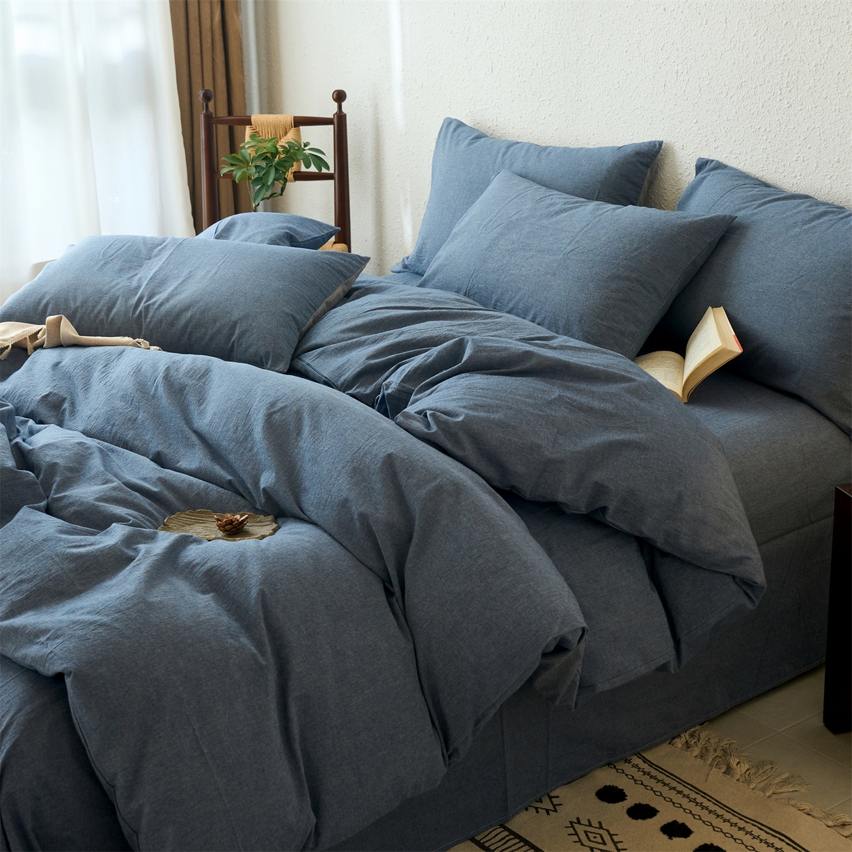 91家纺网 家纺一手货源 找家纺 兰紫橙家纺 2026新款A类色织纯色全棉水洗棉四件套 全棉水洗棉-牛仔蓝