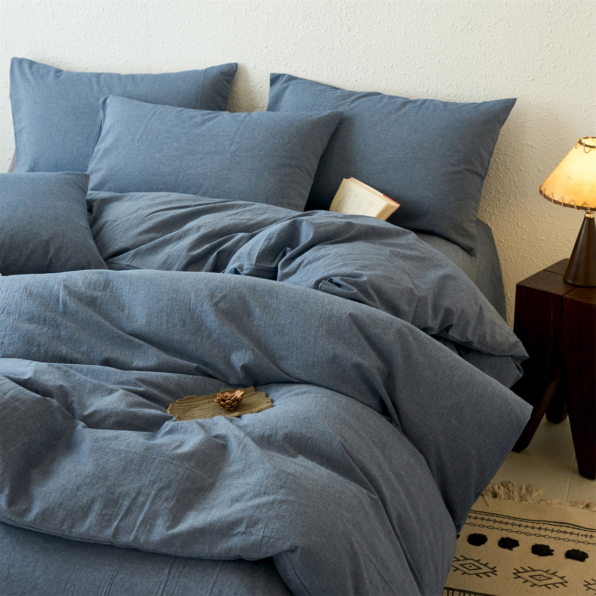 91家纺网 家纺一手货源 找家纺 兰紫橙家纺 2026新款A类色织纯色全棉水洗棉四件套 全棉水洗棉-牛仔蓝