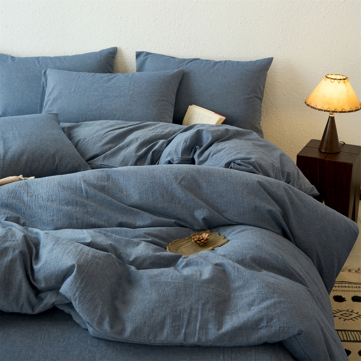 91家纺网 家纺一手货源 找家纺 兰紫橙家纺 2026新款A类色织纯色全棉水洗棉四件套 全棉水洗棉-牛仔蓝